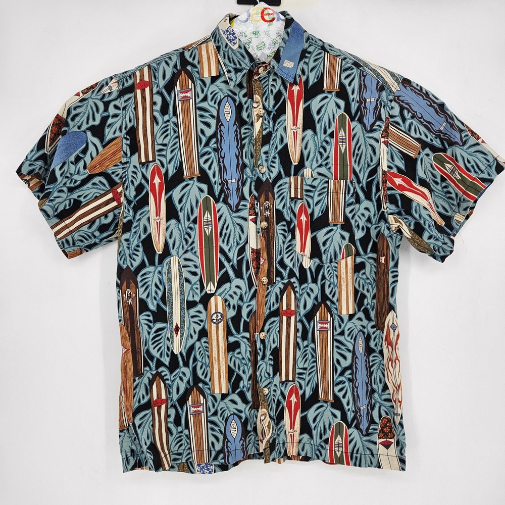 Mako Shirt Mens Large Hawaiian Surf Boards AOP Tropical Floral‎ Button Up